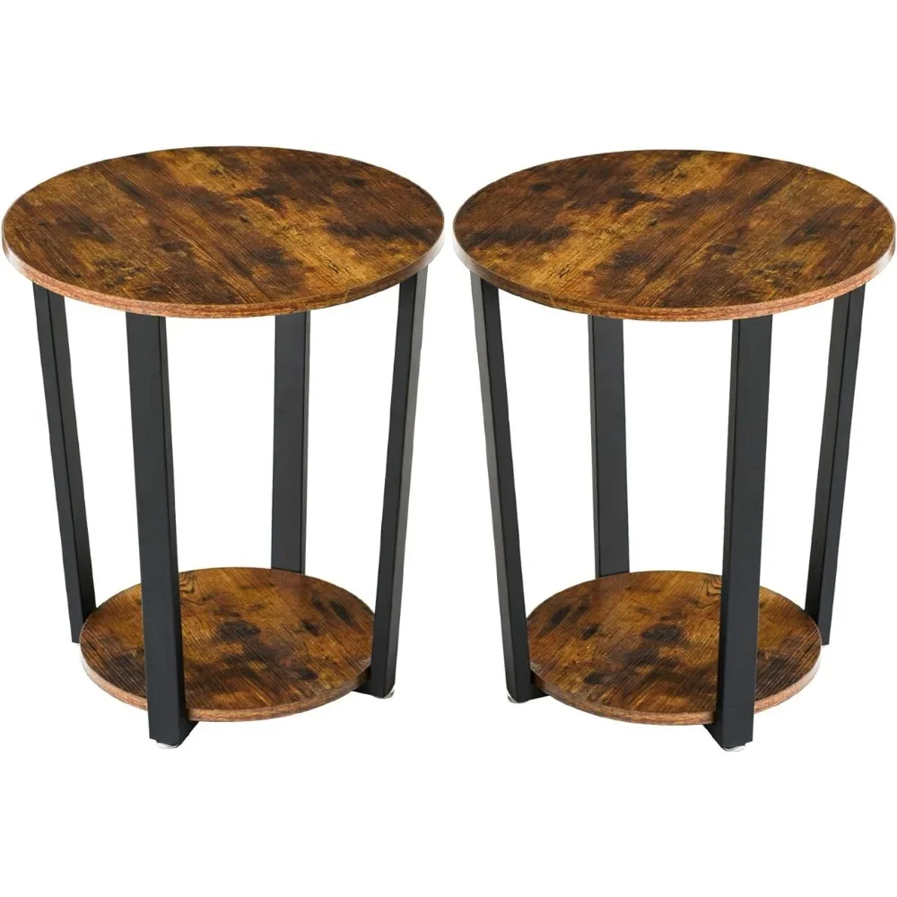 

Set of 2 Tier Round Side Table With Sturdy Metal Frame Easy Assembly Rustic Brown UHTMJ020H-2 Vintage Nightstand for Living Room