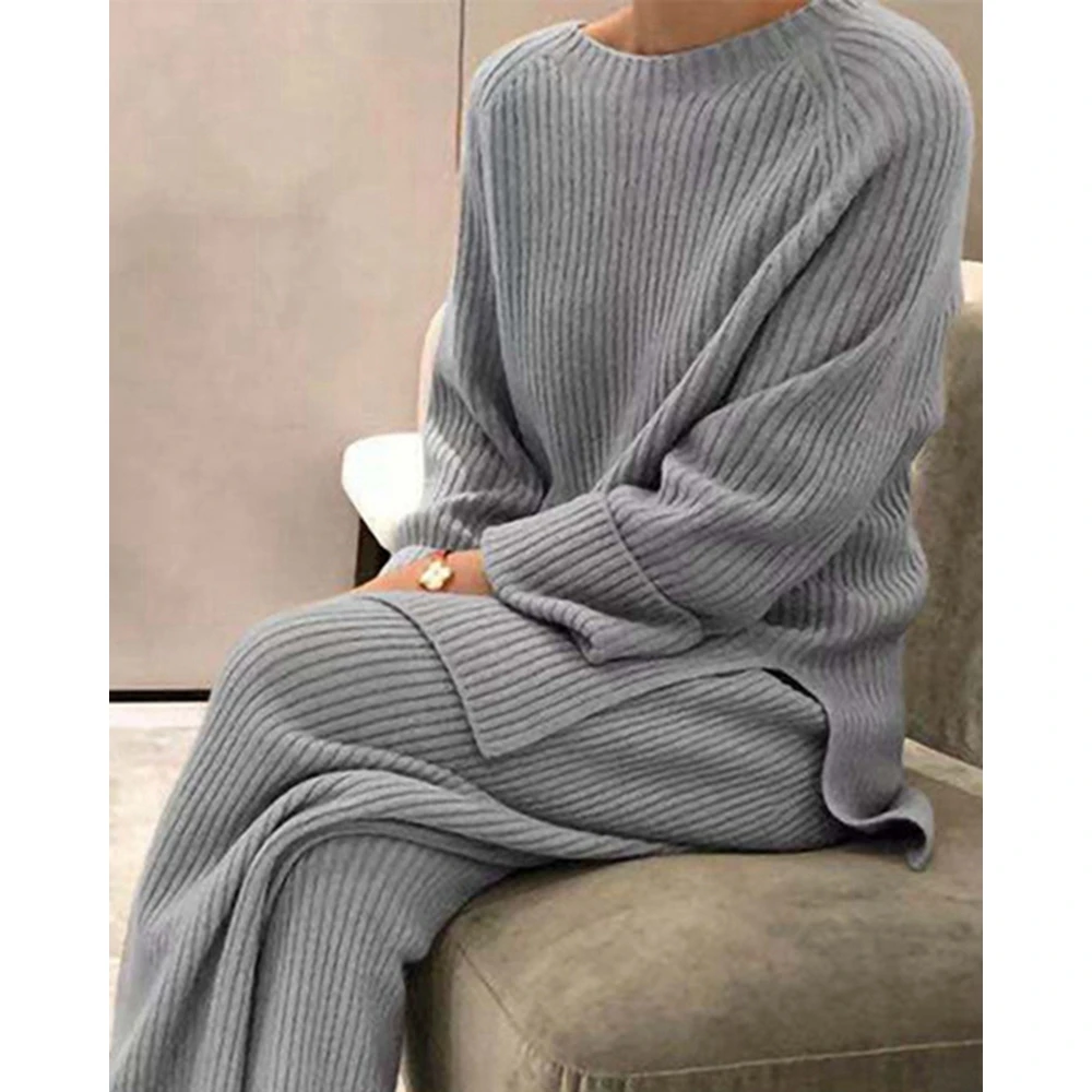 Korean Style Women Knitted Ribbed Long Sleeve Split Hem Sweater & Pants Set Casual Slim Fit Two Piece Suit Sets Knitted Outfits