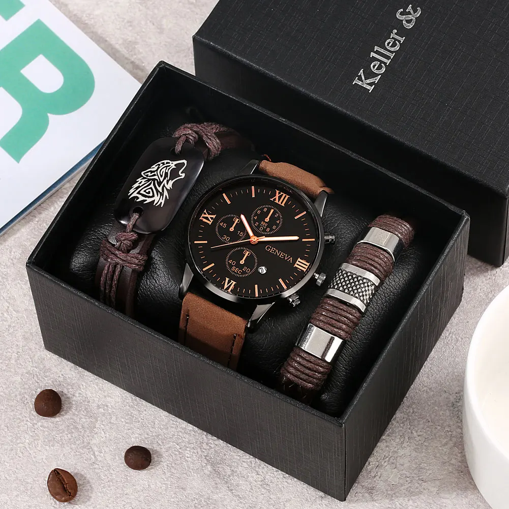 reloj hombre Conjunto de reloj de pulsera con personalidad para hombre,  relojes de cuarzo negro para hombre, correa de cuero, hebilla, pulsera  marrón, el mejor regalo para hombre relojes para hombre regalos