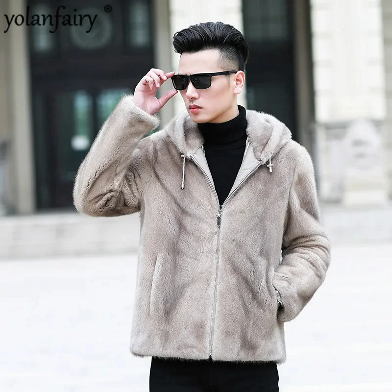 

Real Fur Coat Men Natural Mink Hooded Winter Jacket Shearling Warm Outwear Plus Size Veste Homme 95001 YY659