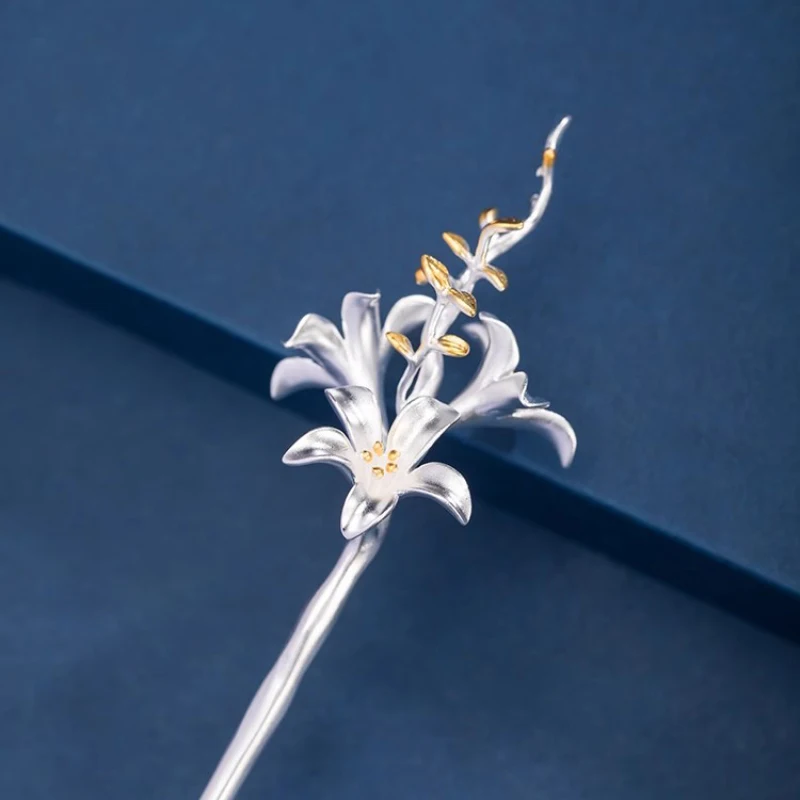 925 Silver Lily Flower Hairpin Cheongsam Hair Accessories Tiara Pin Banquet Jewelry hair accessories,metal hair accessories,u shaped hairpin