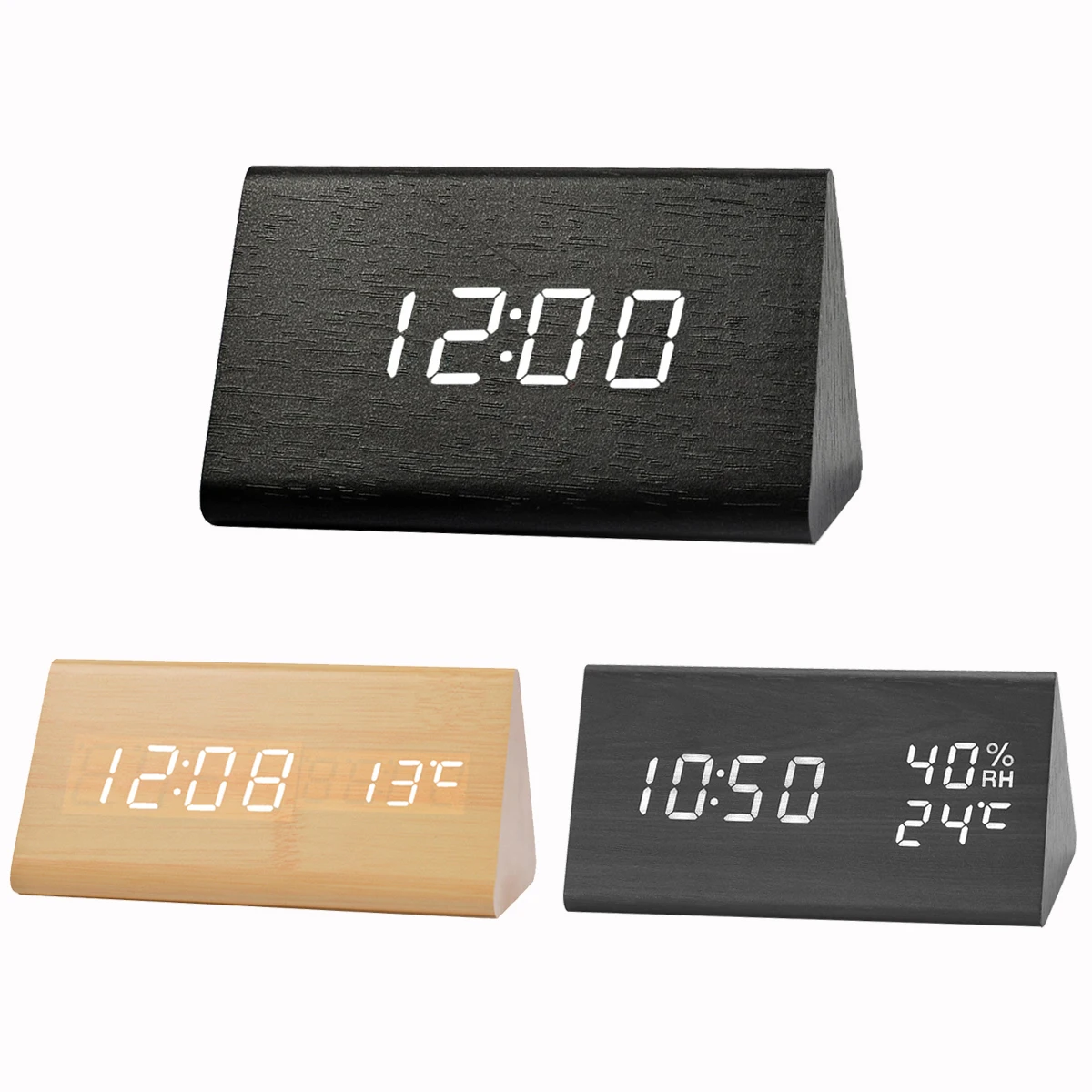 Electime Bedroom Alarm Clock Wooden Clock LED Time Display 3 Alarm Setting with USB Charger Humidity and Temperature Detection