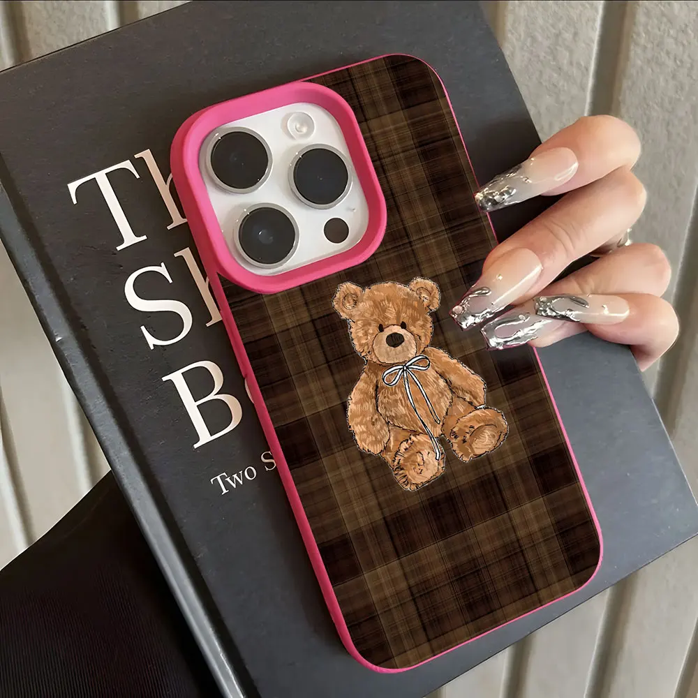 Retro Plaid Cute Bear Pattern Lychee Soft Phone Case Cover
