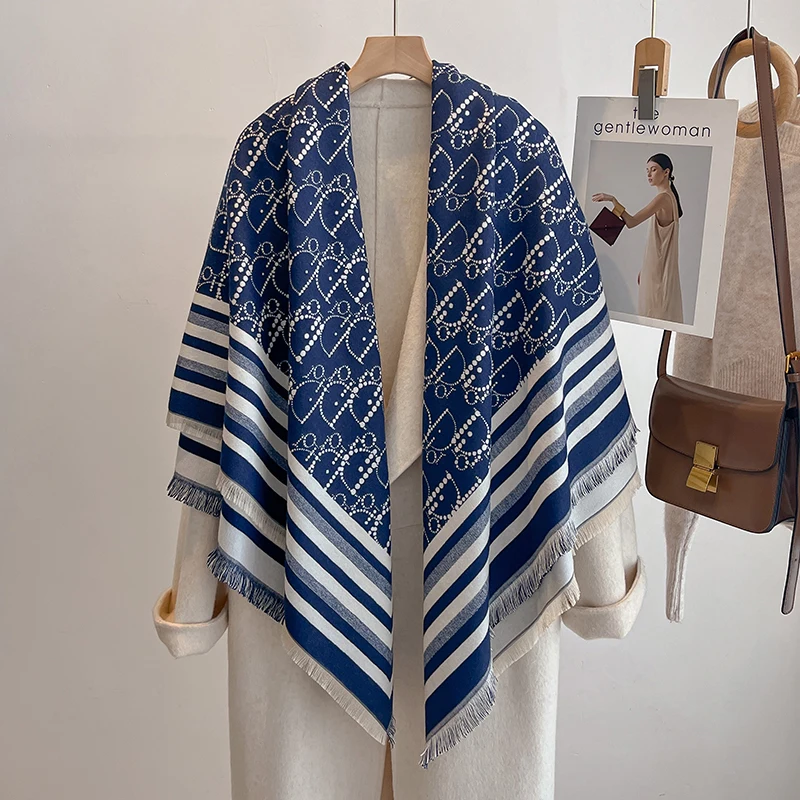 Elegant Striped Design Scarf Imitation Cashmere Soft Warm Versatile Shawl Coldproof Windproof Blanket Scarf for Autumn Winter