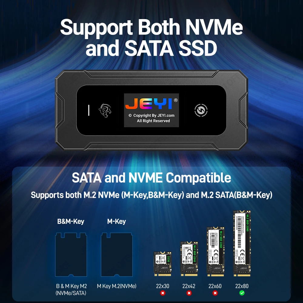 JEYI Visual Smart M.2 NVMe / SATA SSD Enclosure USB 3.2 10Gbps 10 Set Modes Real-time temperature Support M-Key B + M Key UASP ssd enclosure