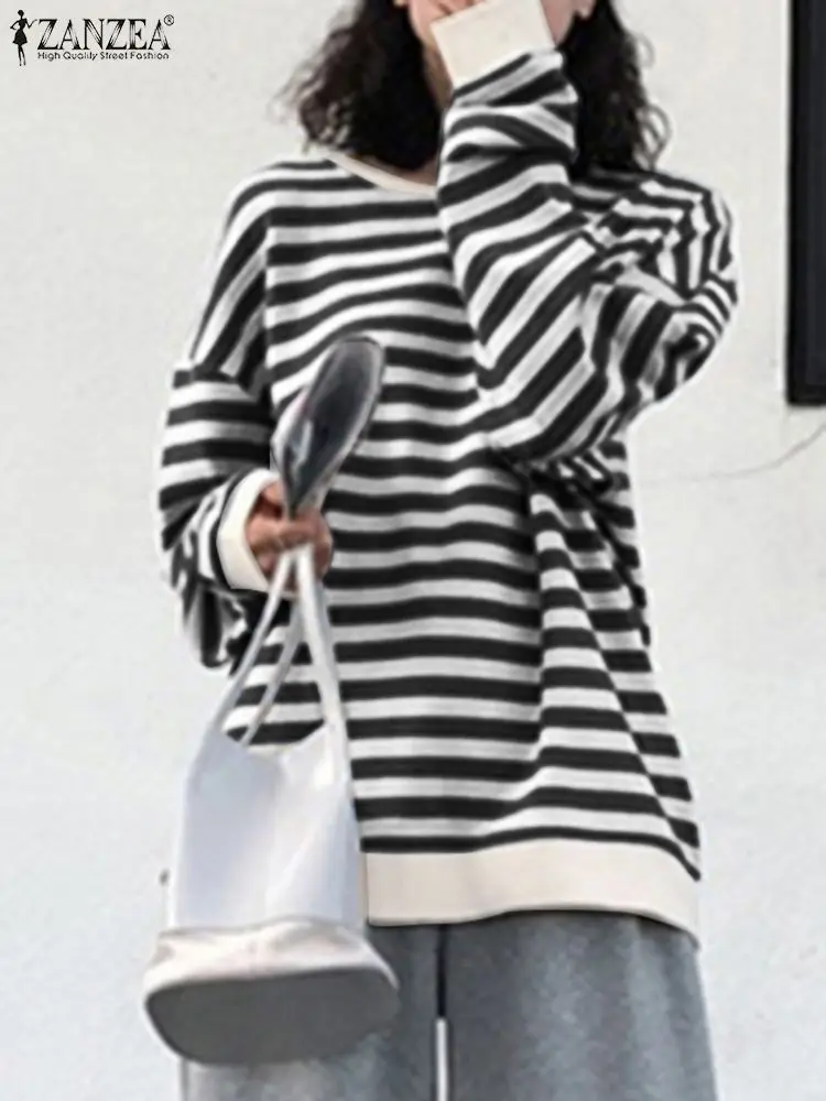 

ZANZEA Fashion Women Sweatshirt Oversize Long Sleeve Striped Blouse Pullover Casual O Neck Loose Hoodies Stylish Tops Streetwear