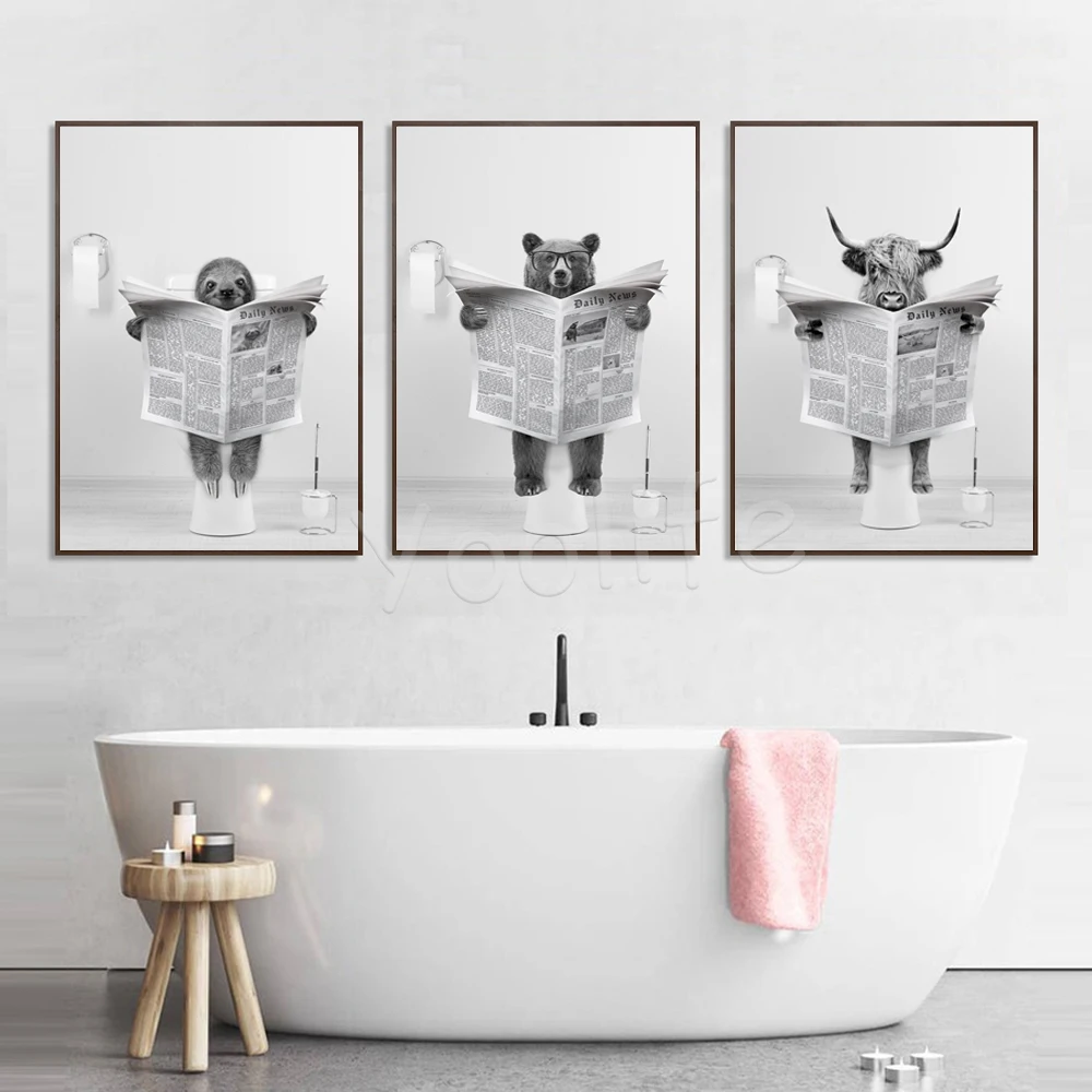 IDEA4WALL Cute French Bulldog Reading Newspaper On Toilet Bathroom Decor On  Canvas Print Wall Art