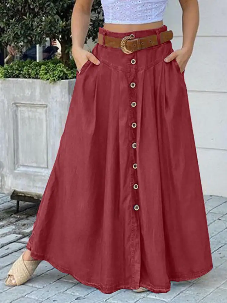 ZANZEA Women Skirts Autumn High Waist Long Vestidos Stylish Sundress Button Maxi Female Clothing Solid Casual Street Robe 2022