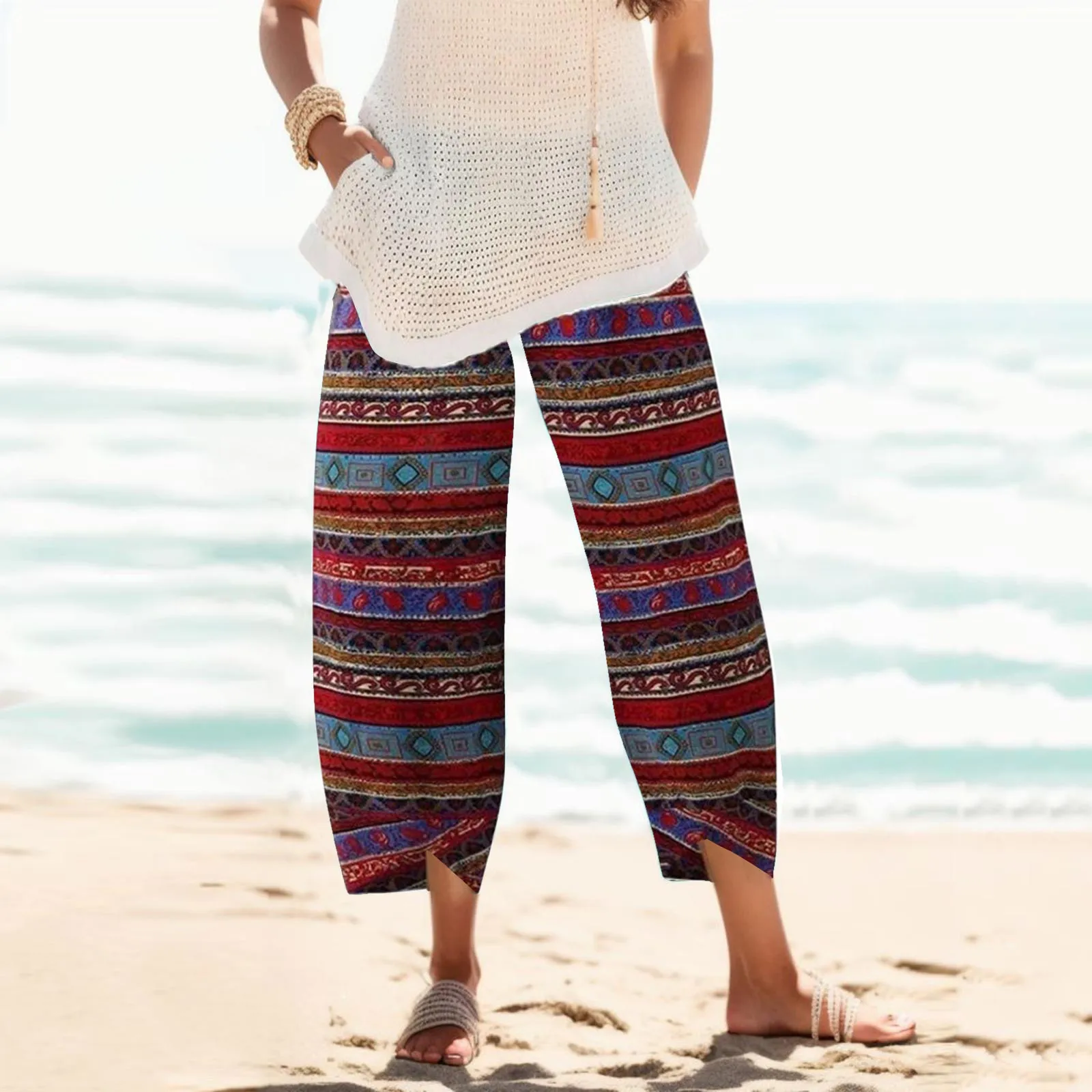

Bohemian Printing Cropped Pants Loose Beachwear Trousers Vintage Pantalettes Retro Women's Pants Boho Beach Outfits Pantalones