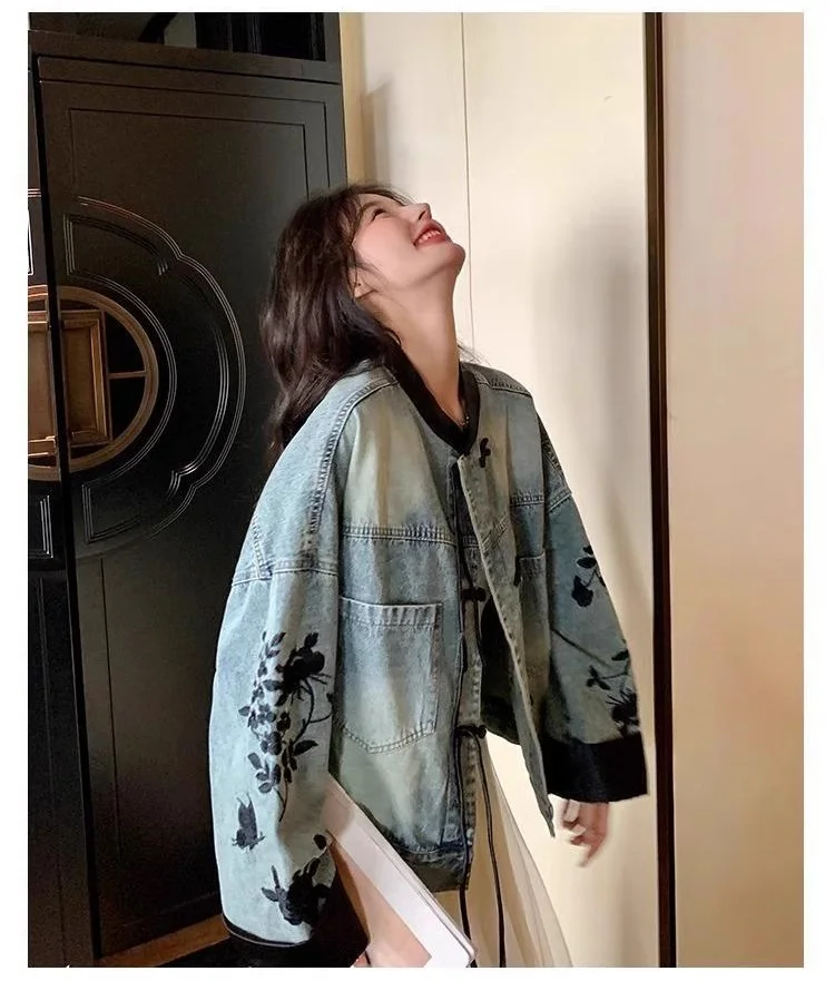 Chic Denim Jacket Women's Outwear 2026 Spring Autumn New Chinese Loose Embroidered Plus Size 3XL Jeans Short Coat Tops