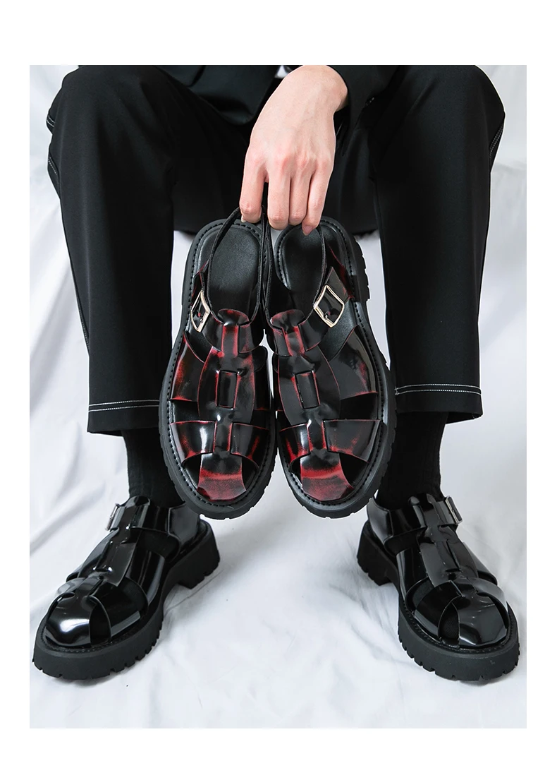 4.5Cm Thick Sole Heightening Sandals Men's Glossy Cowhide Buckle Business Casual British Genuine Leather Summer Sandals for Men