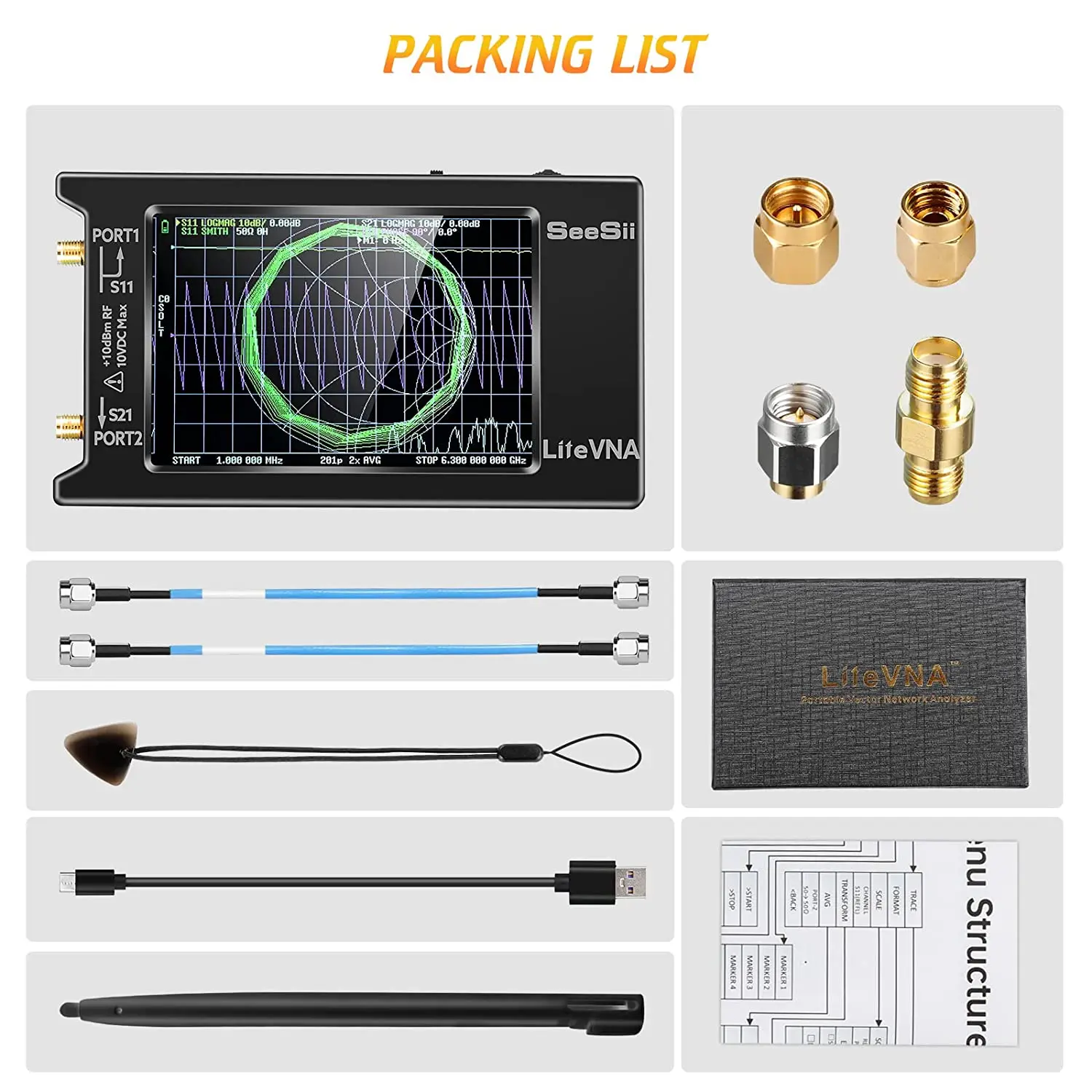 LiteVNA NanoVNA 50kHz-6.3GHz Vector Network Antenna Analyzer 4" Measure S Parameters HF VHF UHF SWR Phase Delay Smith Chart images - 6