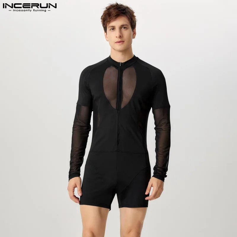 American Style Stylish Jumpsuit Men Sexy Hollow Design Splicing Mesh Jumpsuit Loungewear Male Long Sleeved Bodysuit INCERUN