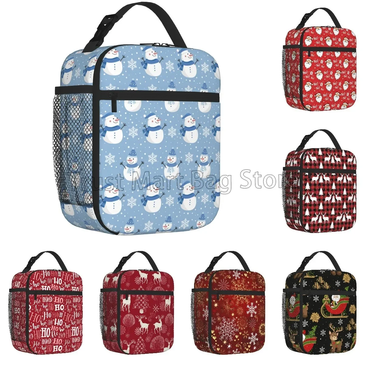 

Christmas Snowman Snowflake Deer Reusable Insulated Lunch Tote Bag Thermal Cooler Container Bag for School Work Picnic Travel