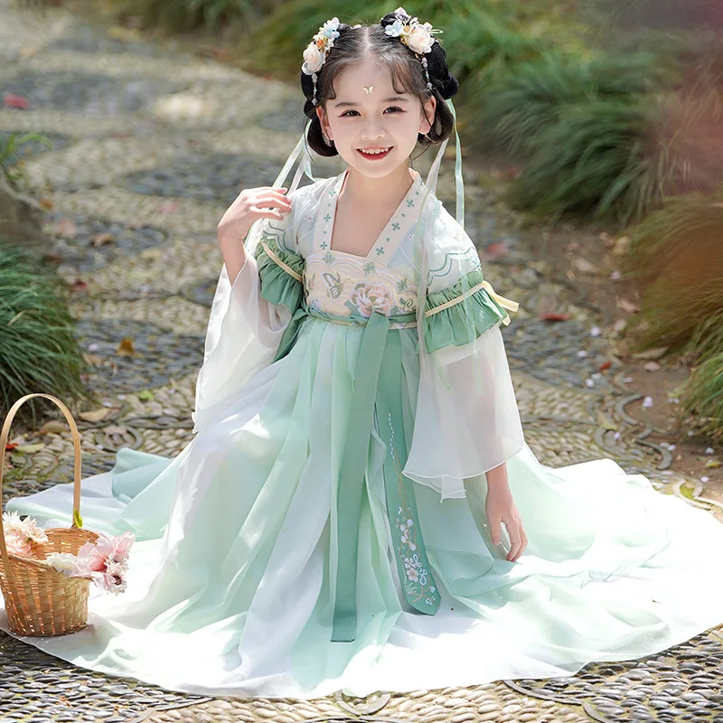 

Traditional Girls Fairy Costume Green Floral Embroidery Dress Children Chinese Style Tang Photography Cosplay Hanfu