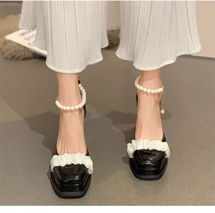 Autumn Spring Women Shoes  Fashion High Heels Banquet Wedding Shoes Sexy Pearl chunky heels square toe high heels Ladies Party