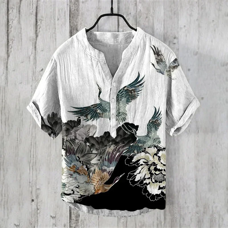 2024 Summer Man Small V-Neck Japanese Art Cat Art Print Shirt men's casual Retro shirts Stylish and comfortable top 2