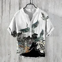 2024 Summer Man Small V-Neck Japanese Art Cat Art Print Shirt men's casual Retro shirts Stylish and comfortable top 2