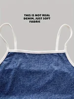 Robe décontractée pour filles, article tendance pour filles, robe à bretelles imprimée imitation jean avec bordure blanche + nœud, élégante et polyvalente, convient aux enfants de 5 à 13 ans, vêtement polyvalent pour la maison et les sorties 5