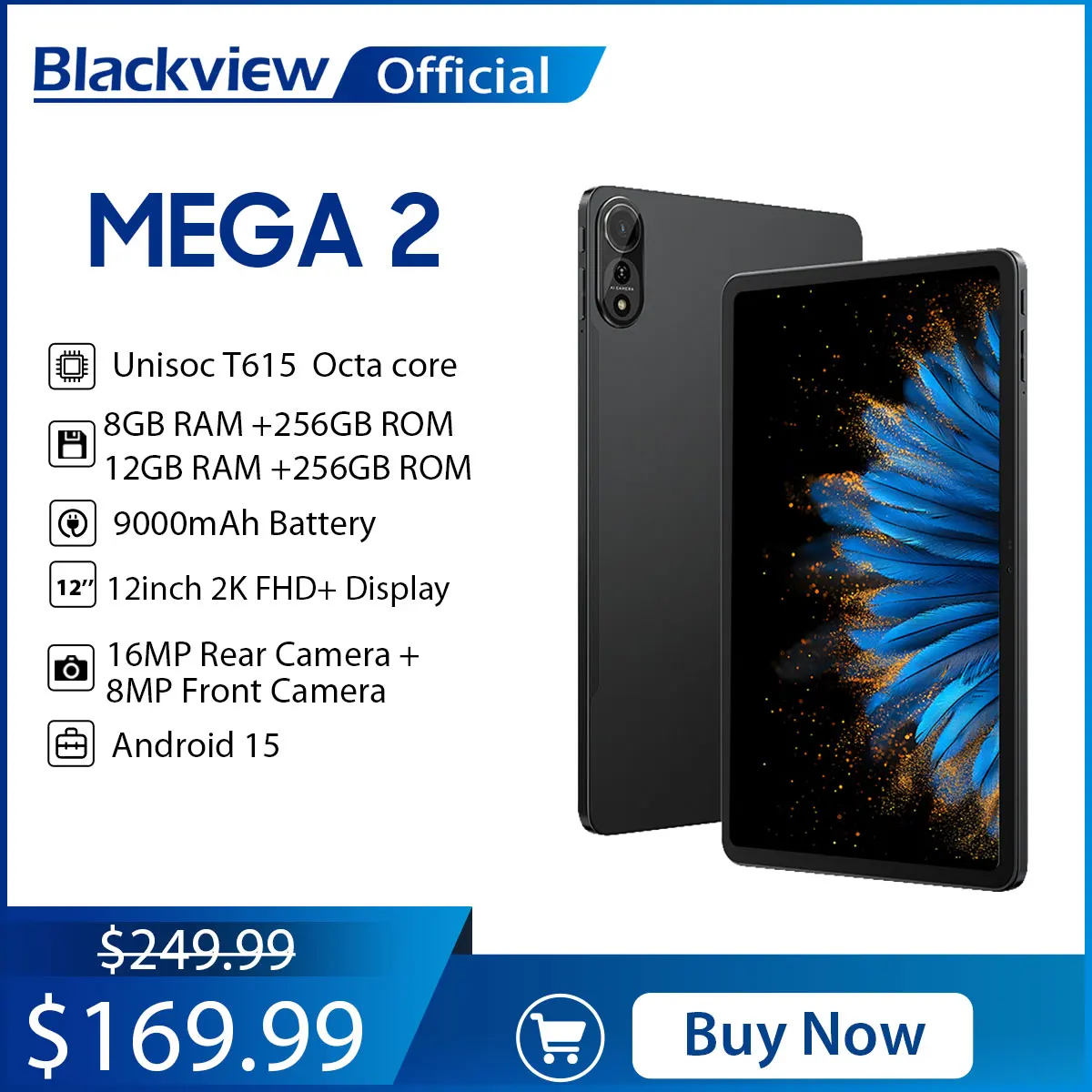 Blackview MEGA 2 Tablet PC 12” 2K FHD+ Display Unisoc T615 12GB+12GB RAM 256GB ROM 9000mAh Battery 16MP Android 15 4G Tablets
