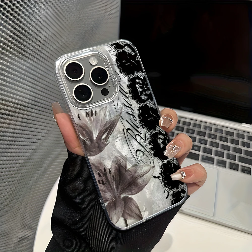 Elegant Black Lace and Floral Pattern TPU Silicone Phone Case Cover