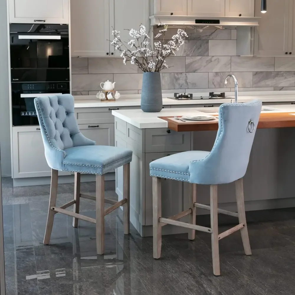 Moderne, luxuriöse, mit Samt gepolsterte Barhocker – getuftete Esszimmerstühle mit Knöpfen, bequeme Kücheninselhocker im Freizeitstil – Detail 32