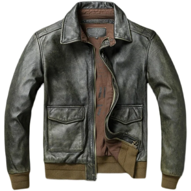 Giacche Da Volo Classiche Militari A2 Air Force In Pelle Vintage Stonewashed Old Cow Leather Jacket Men Soft Cowhide Mens Coat