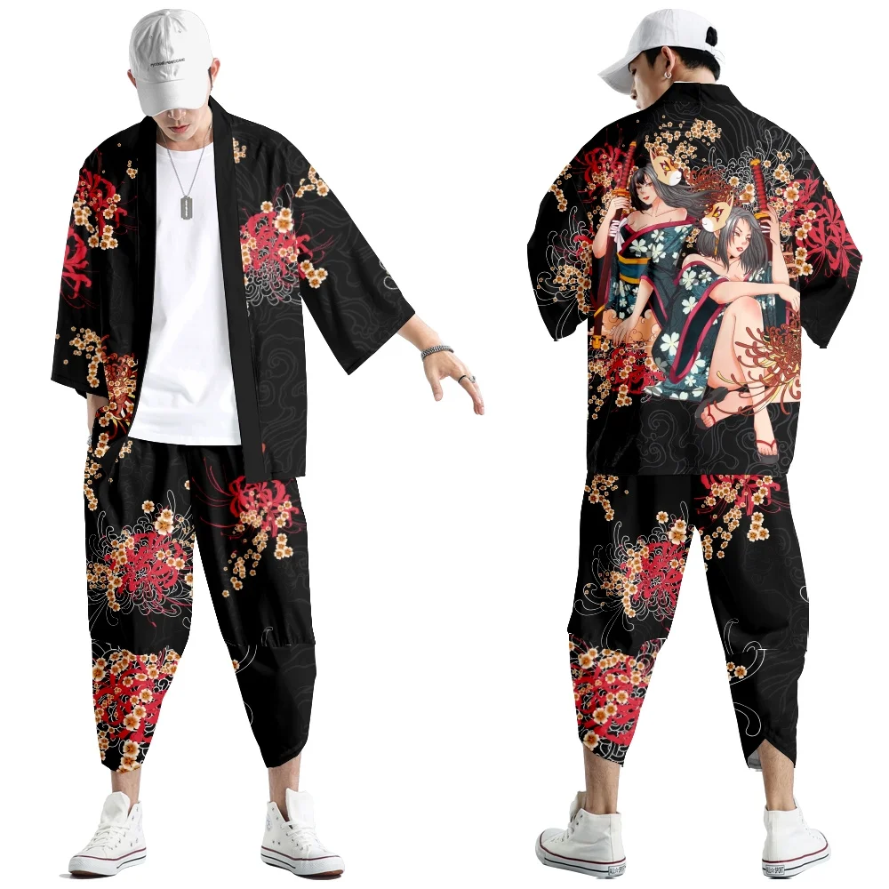Japanese Kimono Cardigan Pants Set Fox Demon Men Women Shirt Tradition Yukata Haori Obi Cosplay Costume