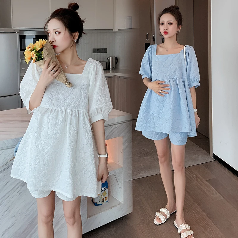 Korean Style Maternity Clothes Set Solid Color Short Sleeve Square Collar Tops+Belly Shorts Twinset Pregnant Woman Pants Suits