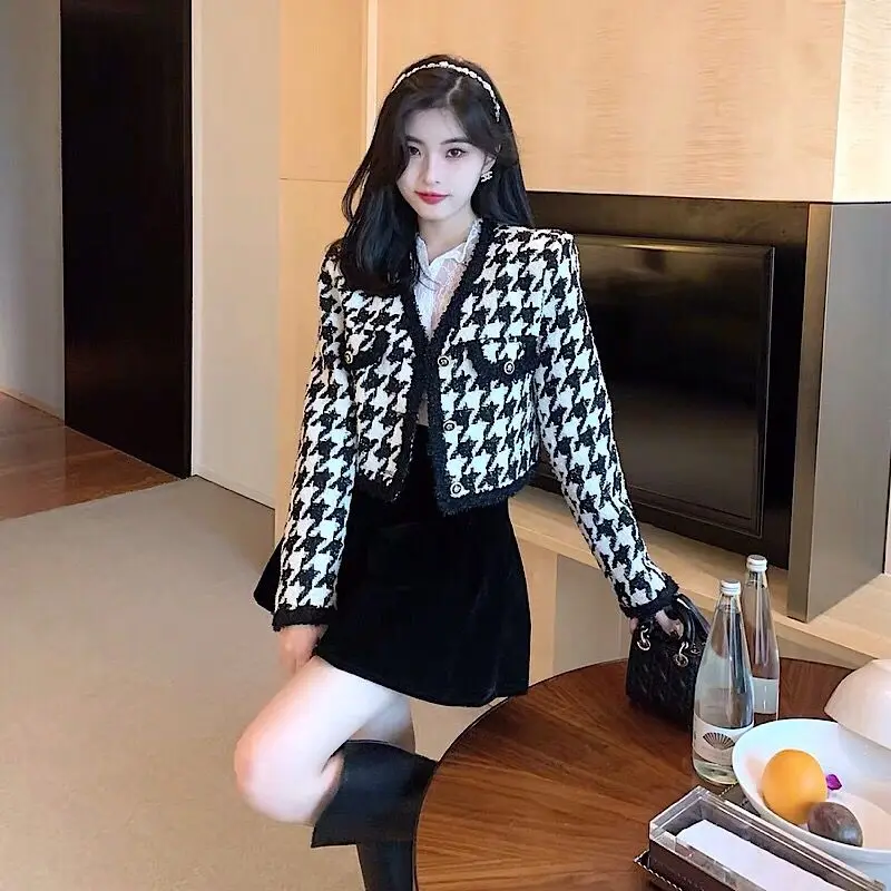 

Elegant Weave Plaid Women Blazer with Pocket and Lining Autumn Winter Causal Tweed Coat Office Ladies Suit Jackets Vintage Tops