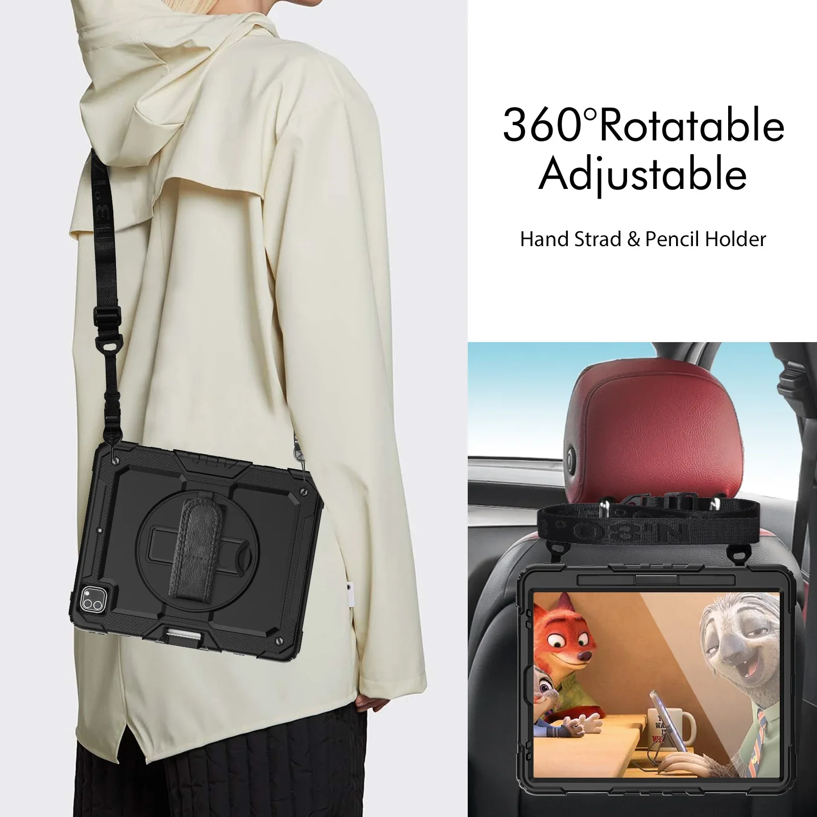 충격 방지 스탠드 태블릿 커버, iPad Pro 11 12.9 인치 M2 2022 2021 2020 케이스, iPad Air 4 5 10.9 10 세대 케이스, PET 스크린 및 스트랩