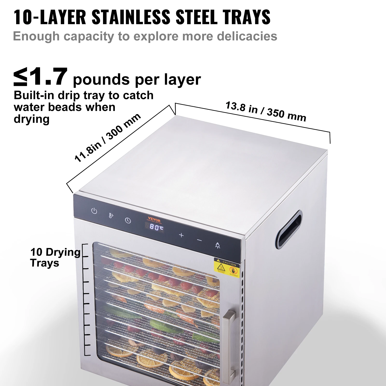 VEVOR Electric Food Dehydrator Machine, 800/1000W Electric Food Dryer, 10 Stainless Steel Trays, with Digital Adjustable Timer 3