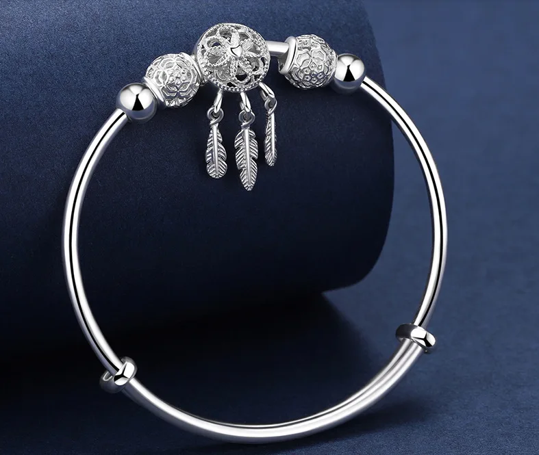 Adjustable size 925 Sterling Silver Bangle cuff Dreamcatcher Tassel Feather Round Bead Charm Bracelet for Women wedding bangle bracelet