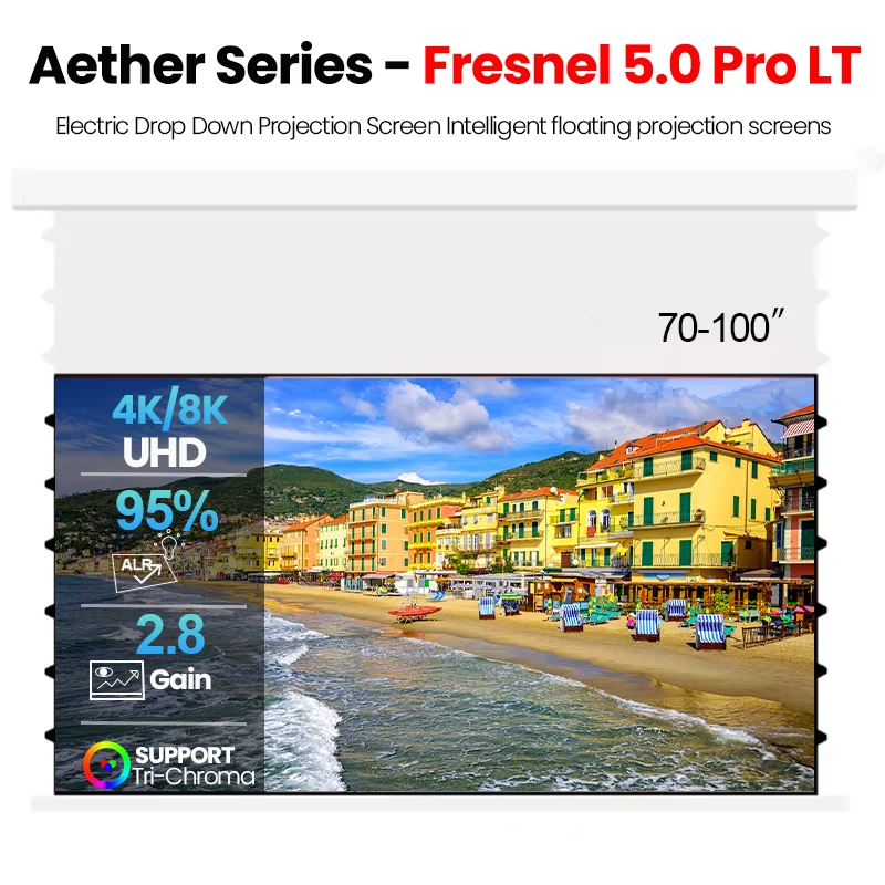 Schermo per Proiettore Fresnel 5.0Pro LT Elettrico Motorizzato 2026 Hot Sale con Montaggio a Parete Flottante per Proiezione 4K con Proiettore Standard
