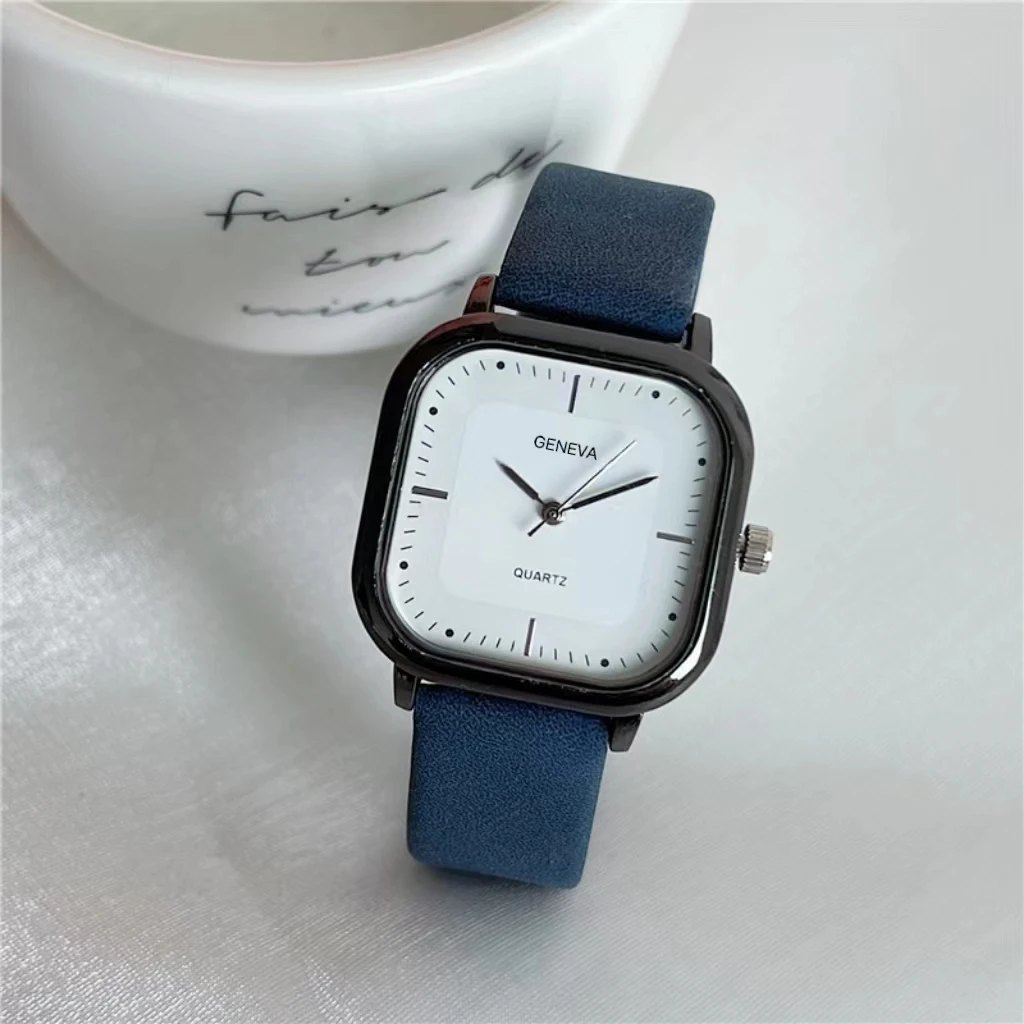 Square quartz student watch, men's and women's fashion watch, simple leather watch, casual watch