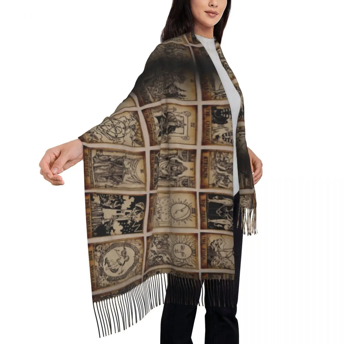 Witch Tarot Tassel Scarf Women Soft Halloween Occult Curiology Shawl Wrap Lady Winter Scarves 4