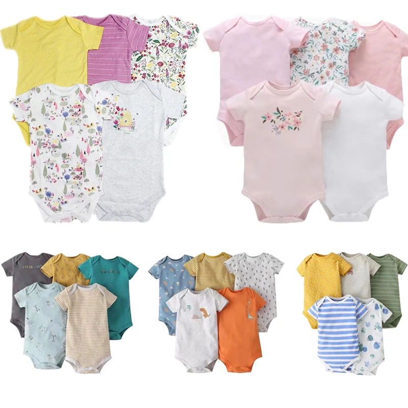 

Newborn Boys Romper New Summer Girl Bodysuit Clothing Soft Baby Clothes Jumpsuits Cotton Set Cartoon Print Solid Color Bebe 5Pcs