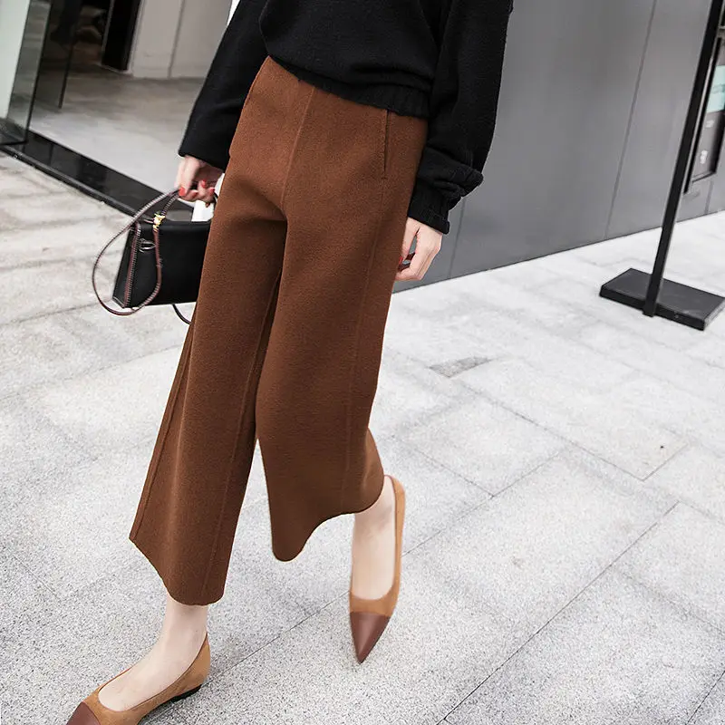 Casual Woolen Blend Wide Leg Pant Women Autumn Winter High Waist Ankle-Length Pants Office Lady Korean Baggy Pantalones Straight