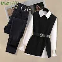 2026 Spring New Korean Elegant in Matching Set Women's Fashion Knitted Vest+Shirt+Jeans Three Piece Female Chic Denim Pants Suit