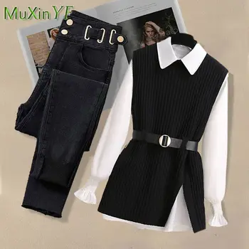 2026 Spring New Korean Elegant in Matching Set Women's Fashion Knitted Vest+Shirt+Jeans Three Piece Female Chic Denim Pants Suit 1