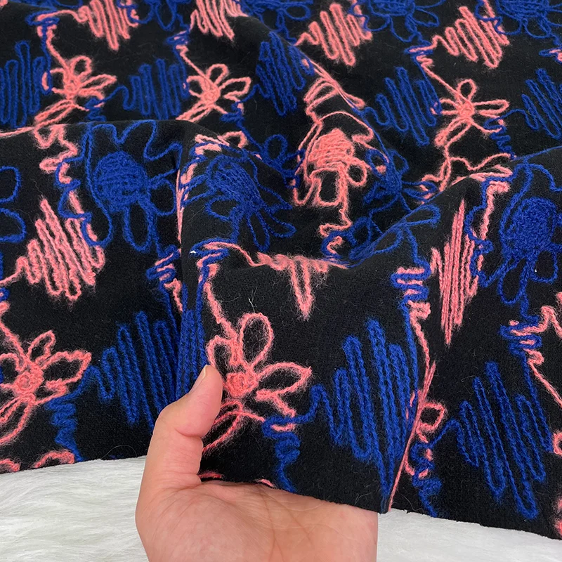 

Royal blue yarn embroidered woolen fabric designer fashion coat outerwear wool fabric high-end clothing sewing fabric