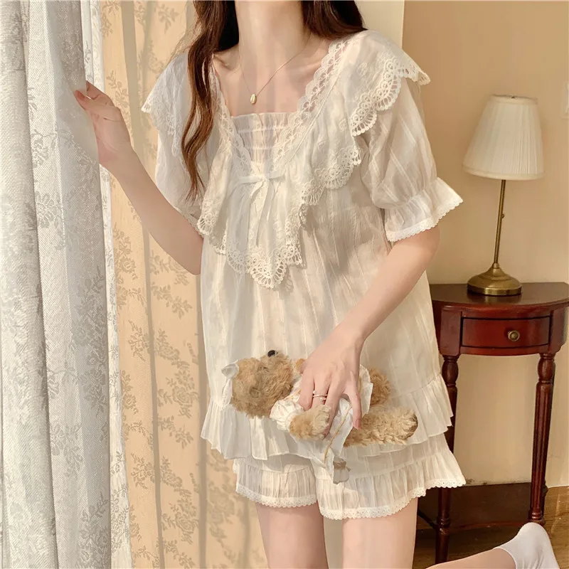 

South Korean Women's Ins Summer New French Vintage Palace Wind Lotus Leaf Edge Short Sleeve Home Furnishing Pj Set For Women