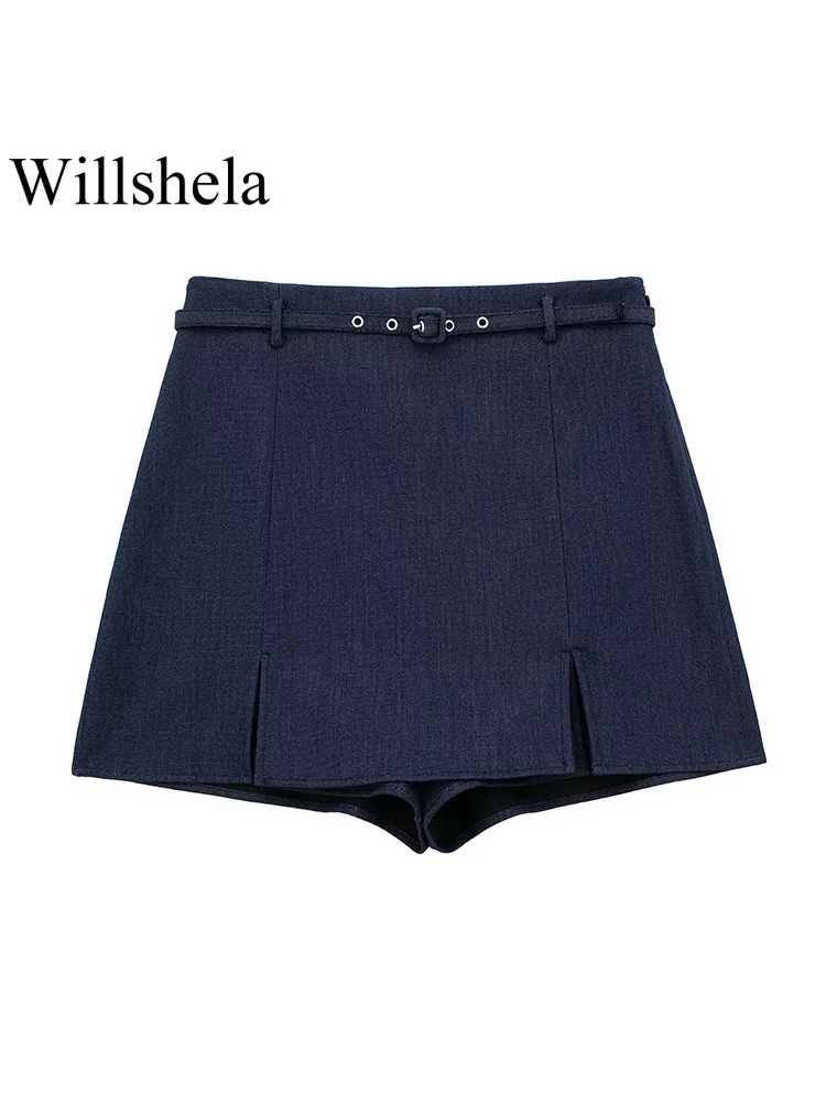 

Willshela Women Fashion With Belt Navy Blue Side Zipper Mini Skirts Shorts Vintage High Waist Female Chic Lady Shorts
