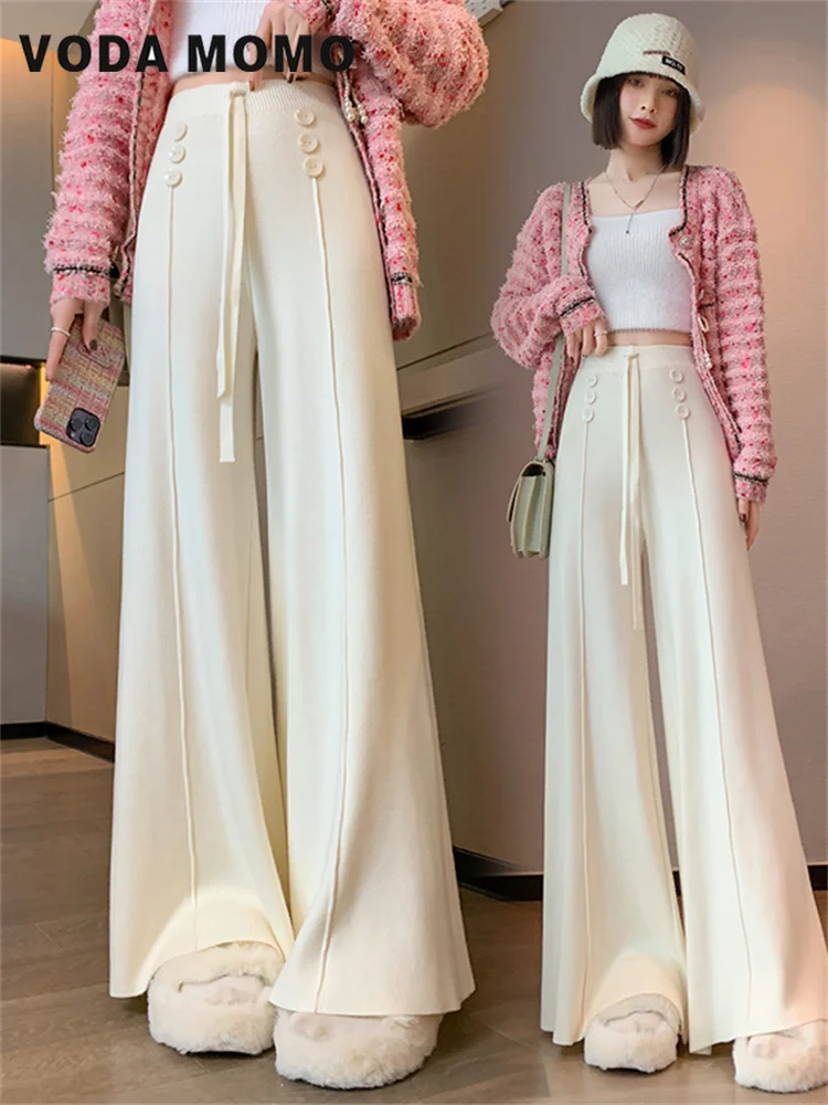 

Women's Autumn Winter Simple Korean Versatile High Waist Straight Loose Thick Pants Knitted Wide Leg Pants Drape Feeling Casual