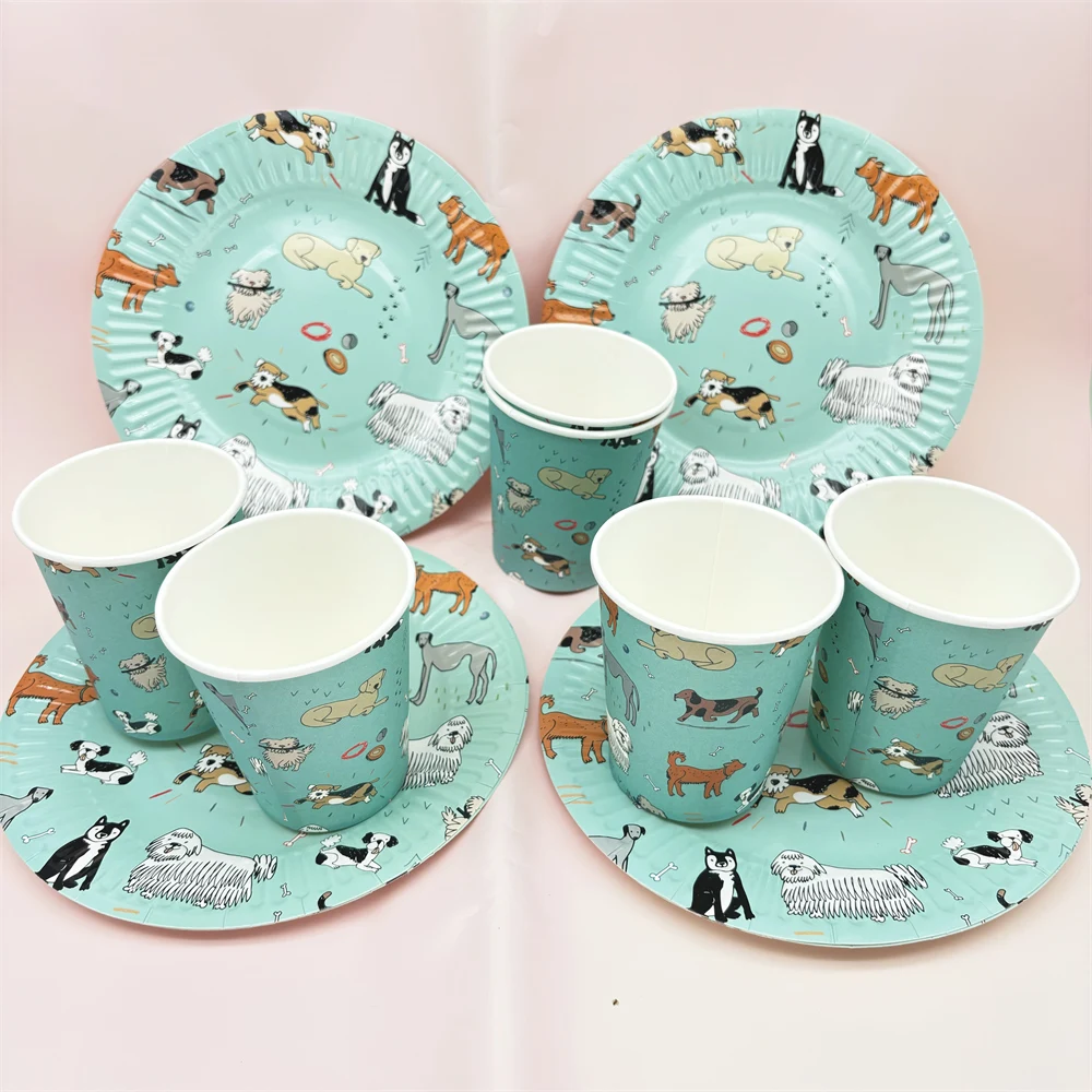 6Pcs Cute Pet Little Doggies Happy Birthday Paper Plates Cups Tableware 1st Birthday Baby Showe Decoration Home Party Supplies
