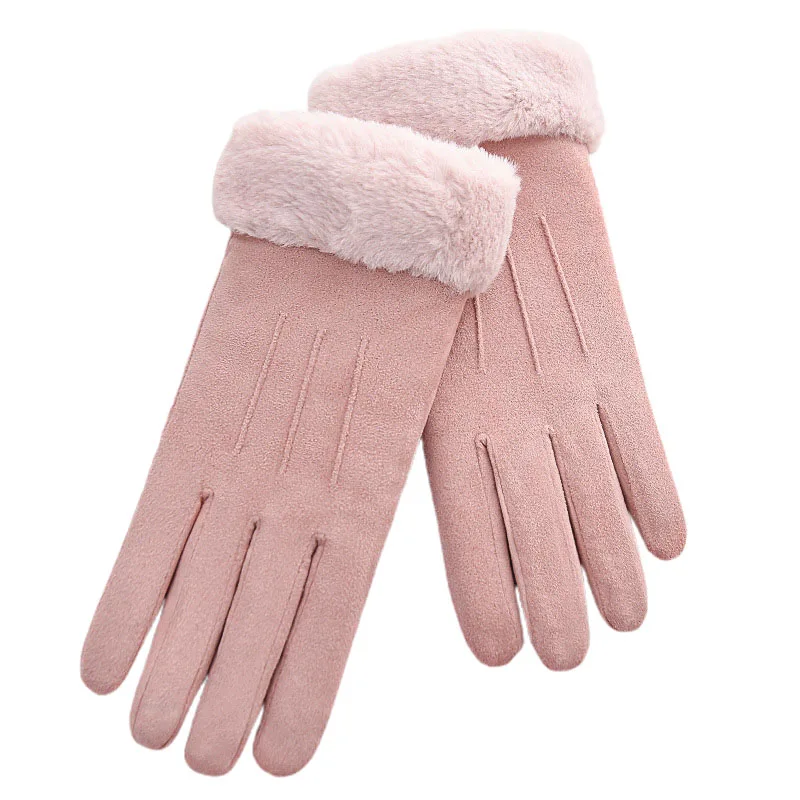 

Women Winter Fleece Gloves Elastic Suede Fabric Touch Screen Warm Plush Lined Glove For Riding Driving Motor