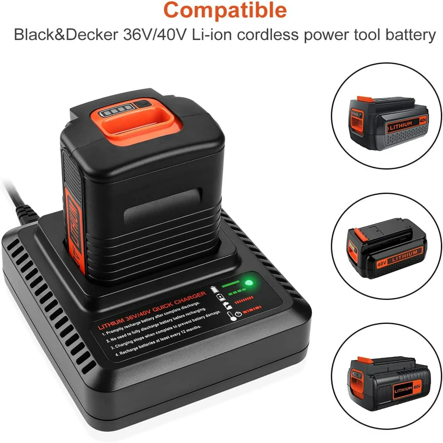 Efficient and Fast Replacement Charger for Black & Decker LCS36 LCS40-Compatible with LBXR36 LBXR2036 LBX36 LBX1540 LBX2040 LB