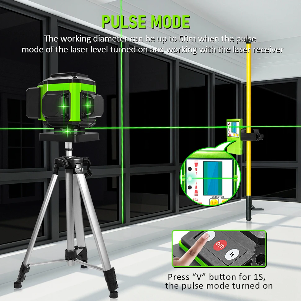 Laser Level 16/12 lines Self-leveling Remote Control Outdoor Mode-Receiver Auto 3x360 Green beam