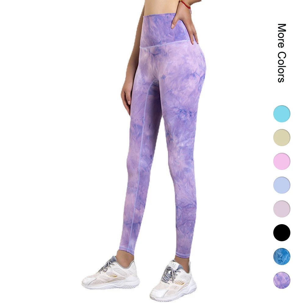 

Women Sport Leggings with Pockets Tie Dye Printing No Embarrassing Middle Line High Waist Nude Feeling GYM Running Yoga Pants