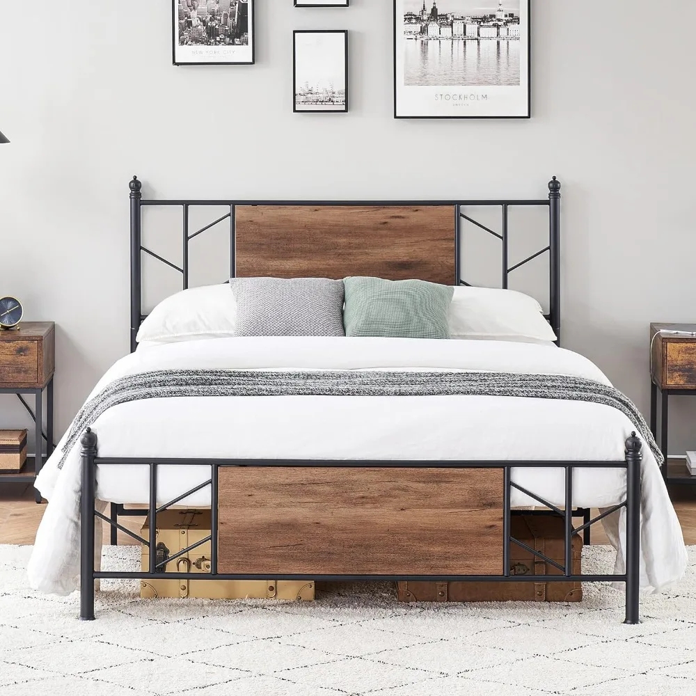 

Vintage Full Bed Frame - Retro Industrial Style with Headboard - Sturdy, Noise-Free, and Non-Slip Design